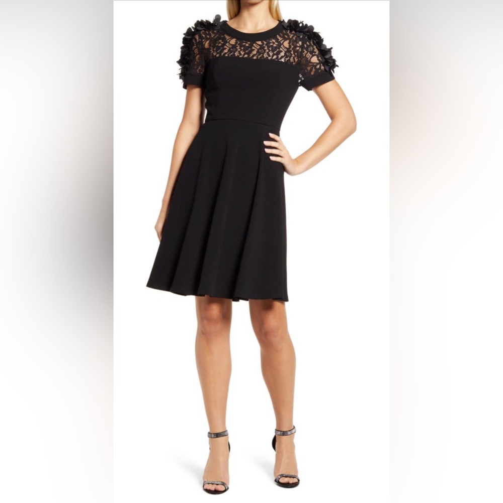 SHANI Flower Trim Lace Ponte Knit Fit & Flare Black Dress size 14 (MSRP $384)